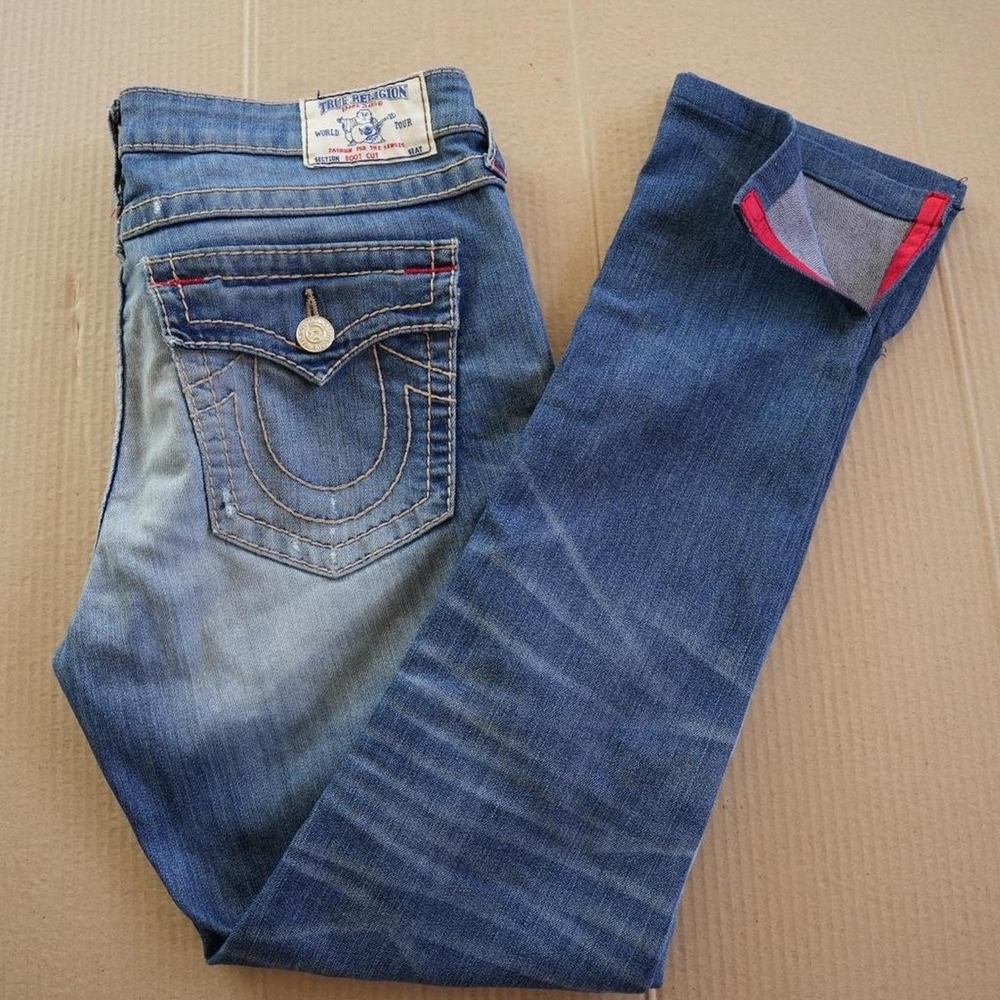 True Religion Big T Flap Jeans Men Sz 30 Medium Wash Bootcut Horseshoe Split Leg - Picture 3 of 7